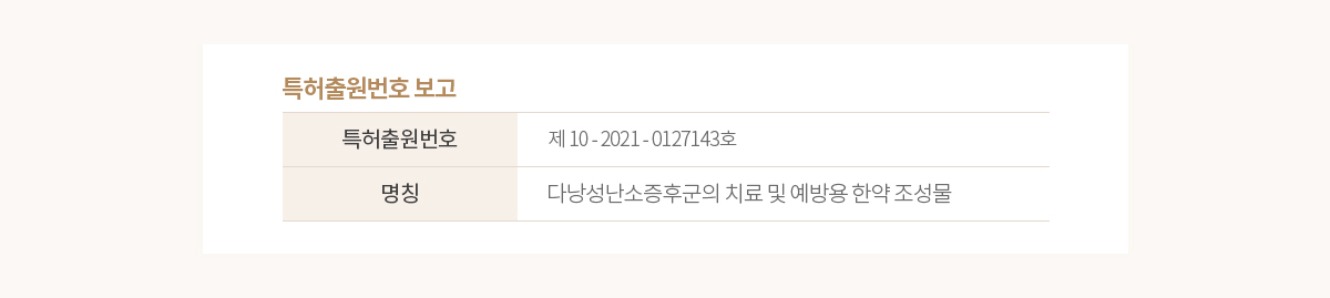 인애한의원 다낭성난소증후군 치료 및 예방용한약조성물 특허출원 번호 — 중소벤처기업부창업성장기술개발사업 R&D 선정