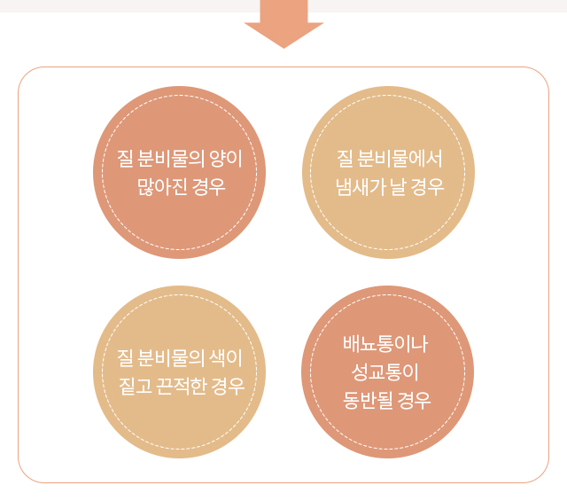 질염·냉대하증 증상 — 분비물 양 증가, 냄새, 짙은색·끈적임, 황백색·적백색 냉,배뇨통·성교통 동반 증상 도식
